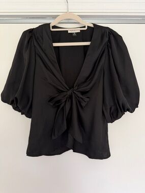 Delfi Black Tie-Front Puff Sleeve Blouse